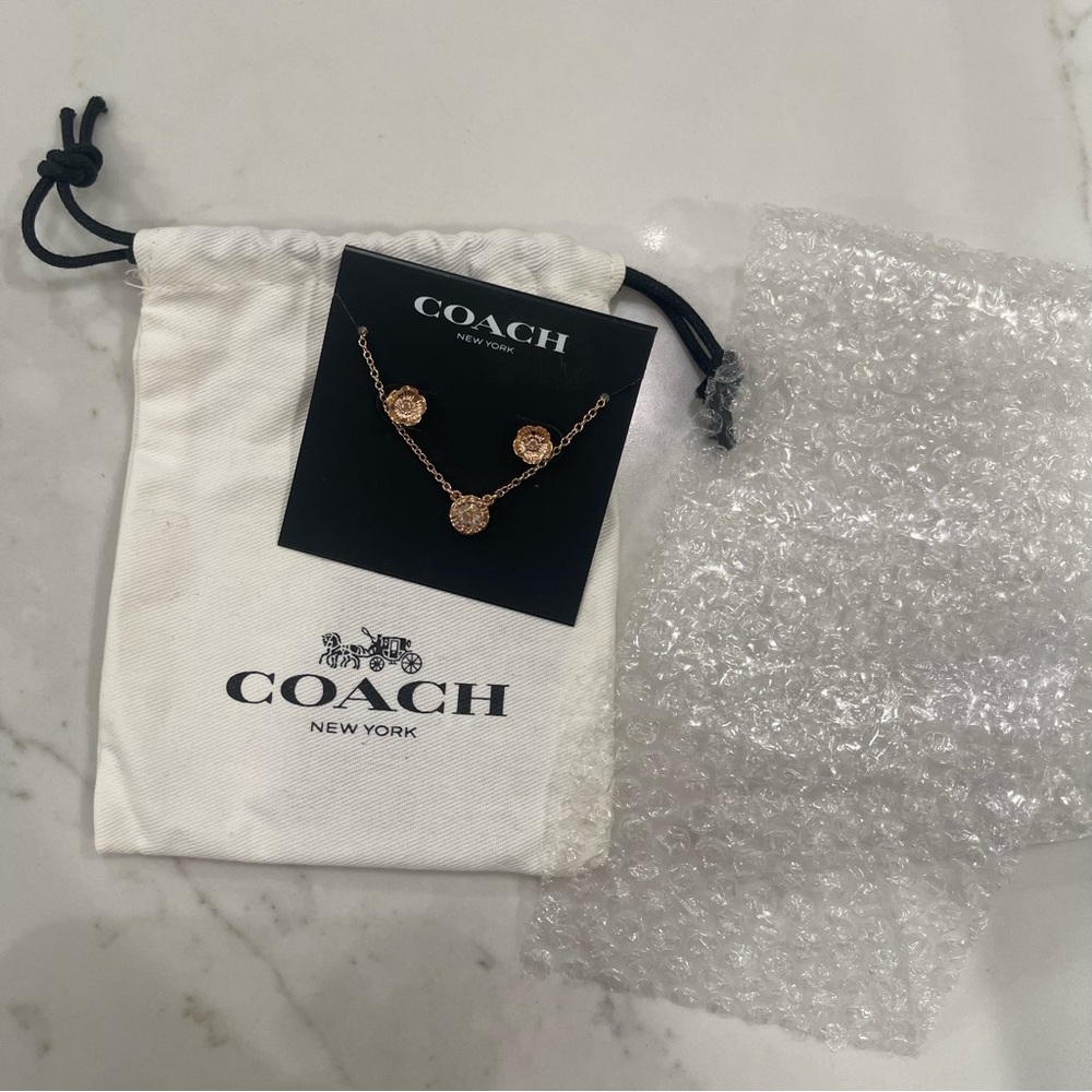 Coach rose gold flower stud earrings and matching necklace set - Picture 3 of 10